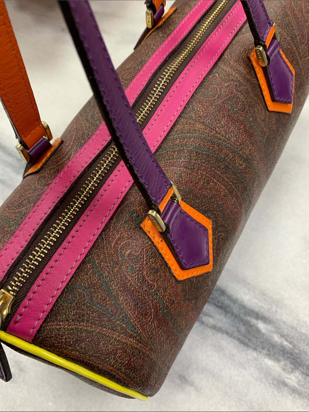 Multicolor Paisley Mini Cylinder Bag with Purple, Pink & Orange Accents - Picture 4 of 6